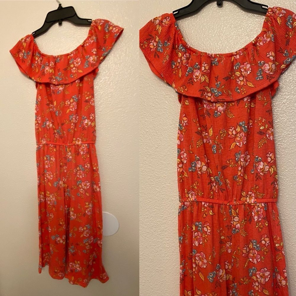 Wonder Nation Tropical floral ruffle off shoulder Jumpsuit Romper comfort 10-12
